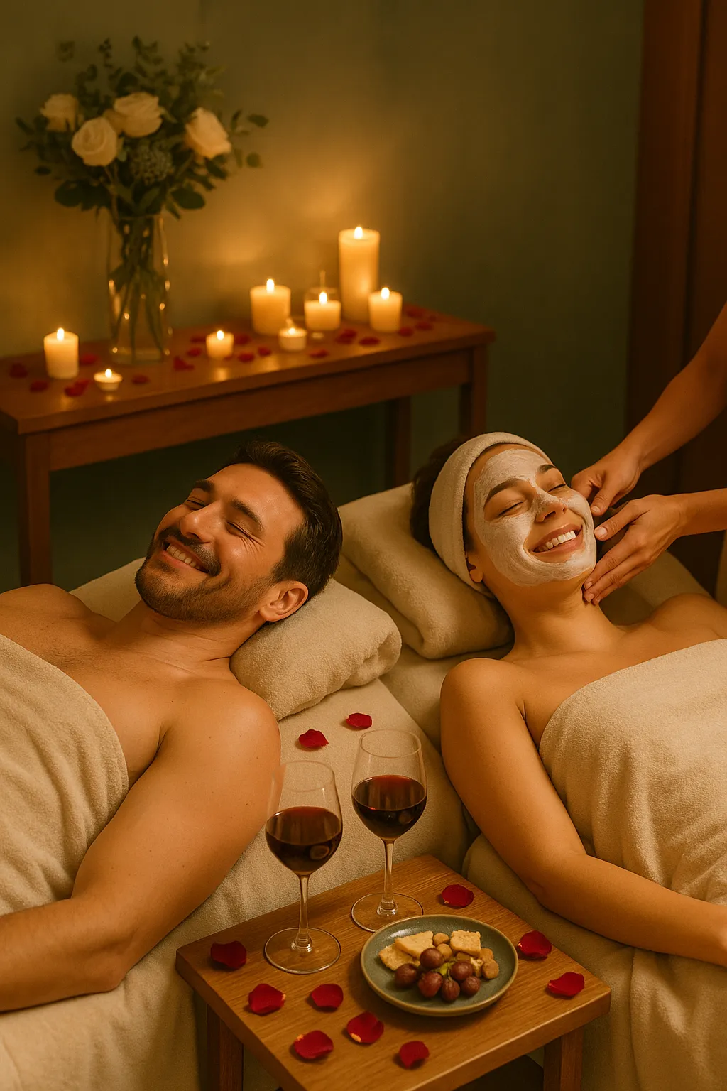 Pareja disfrutando de masaje en spa con decoración romántica